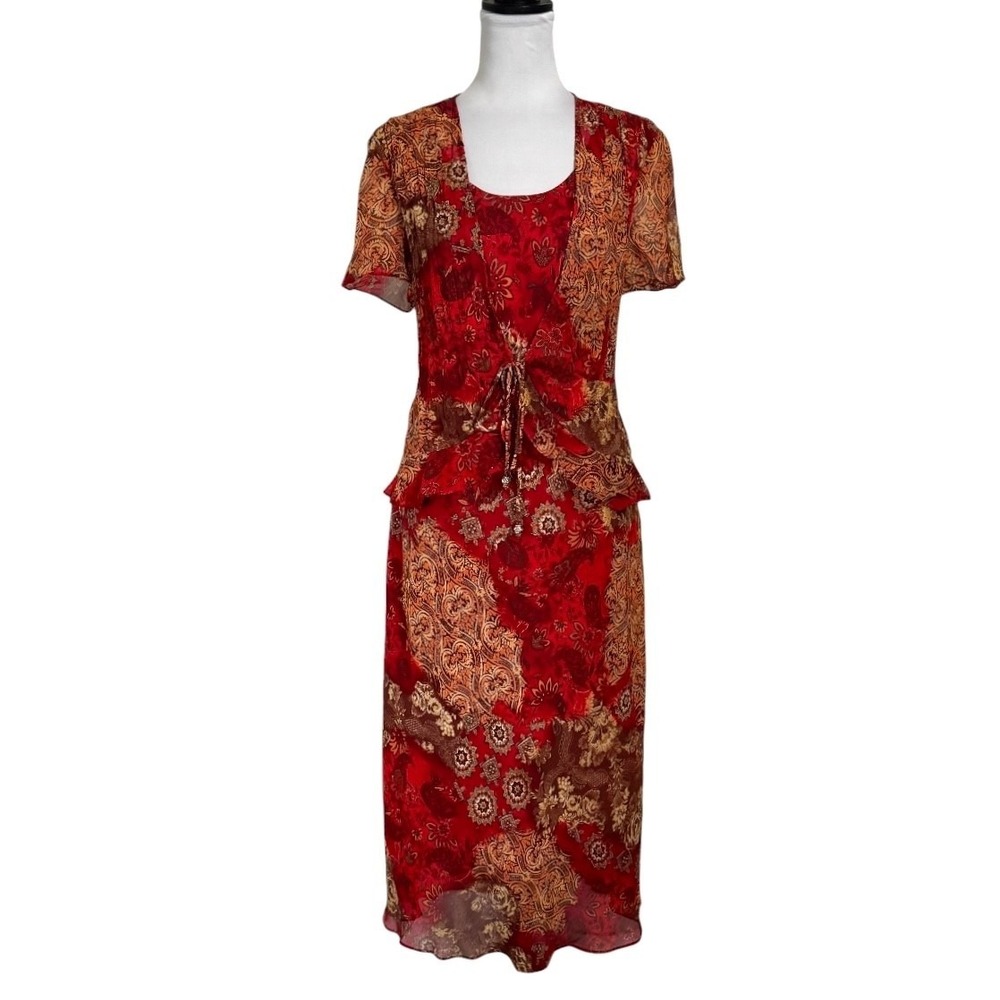 Vintage Sheri Martin 2 Pc Vest Chiffon Midi Dress Set 14 Boho Southwestern Folk